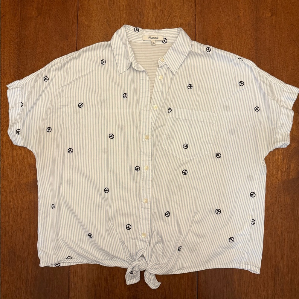 Madewell Embroidered Peace Sign Short-Sleeve Tie-Front Shirt